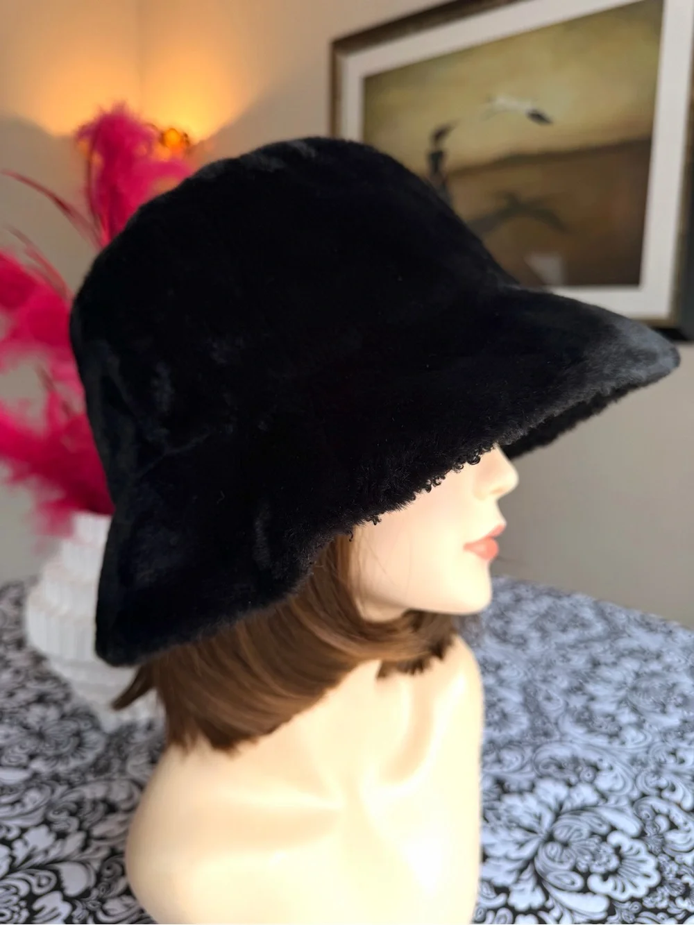 Sprigs Black Faux Fur Plush Bucket Hat Adjustable Fit